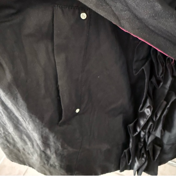 WHBM Ruffle Rain Jacket Belted Rhinestone & Satin Trench Coat Black Pink Size L - Picture 7 of 15